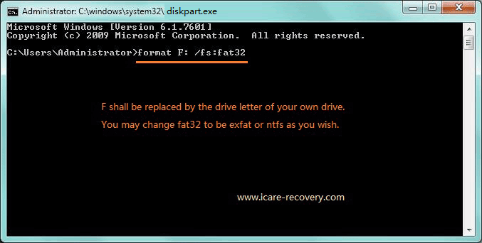Convert raw to FAT32 with CMD command prompt