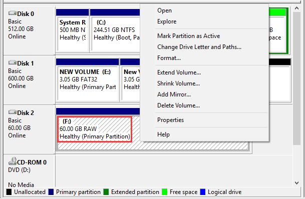 Convert raw to FAT32 disk management