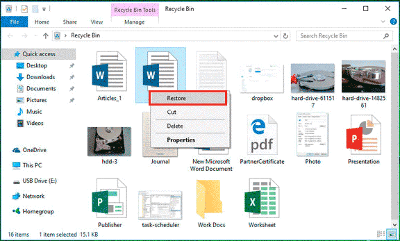 restore deleted files from recycle bin